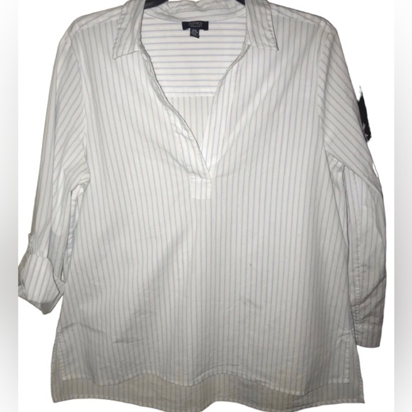 Jones New York Tops - Jones New York Signature White w/ Blue Pin Stripe Semi-Sheer V-Neck Blouse Sz XL